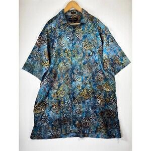 Pete Huntington Bali Shirt XLT Blue Gold Batik Print Handcrafted Classic Fit